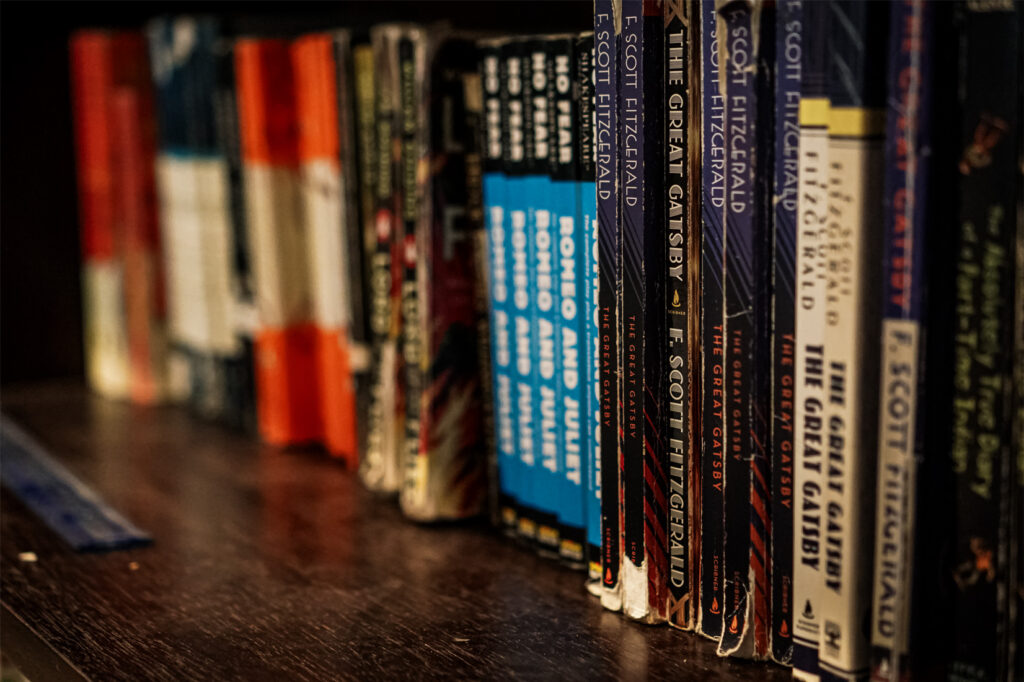 Bookshelf in the BlueRock classroom area.