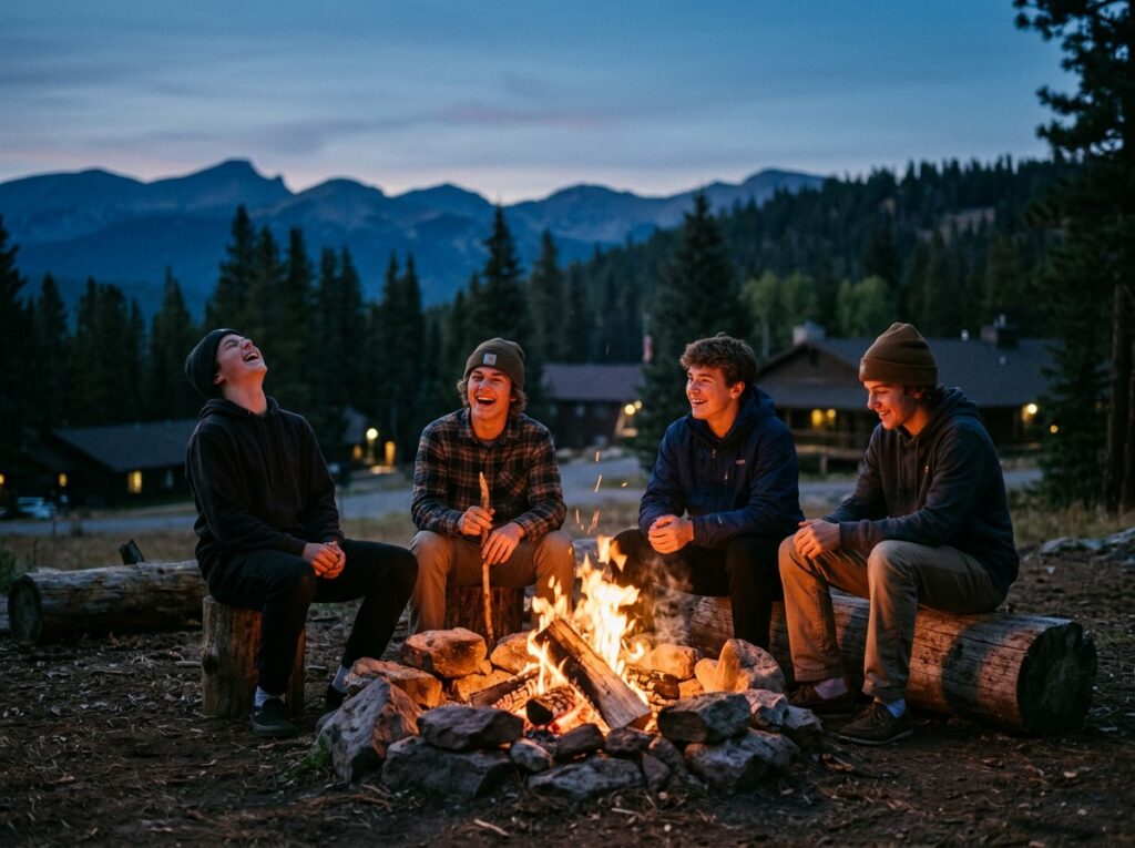 Teen boys laughing around a campfire at dusk on the BlueRock campus