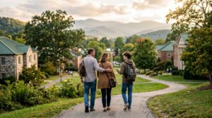 Parents walking with their teenage son on the BlueRock campus with the Blue Ridge Mountains ahead