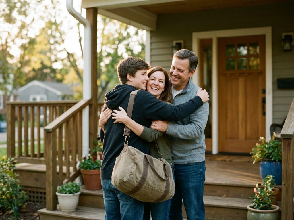 Teen welcomed home by his parents after completing residential treatment at BlueRock