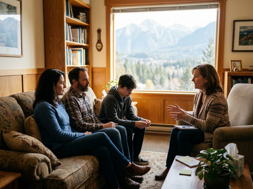Family therapy session with a counselor at BlueRock Behavioral Health
