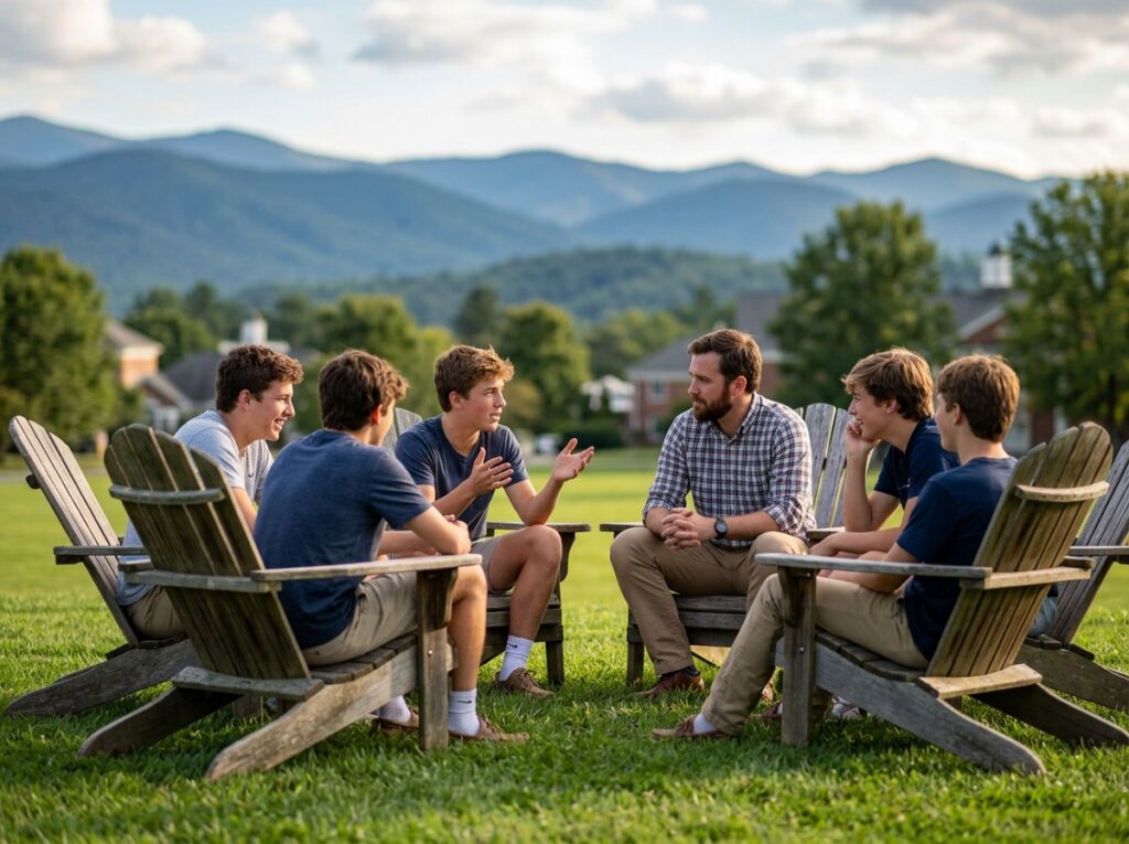 Teen boys talking with a counselor in Adirondack chairs on the BlueRock campus lawn with Blue Ridge Mountains behind