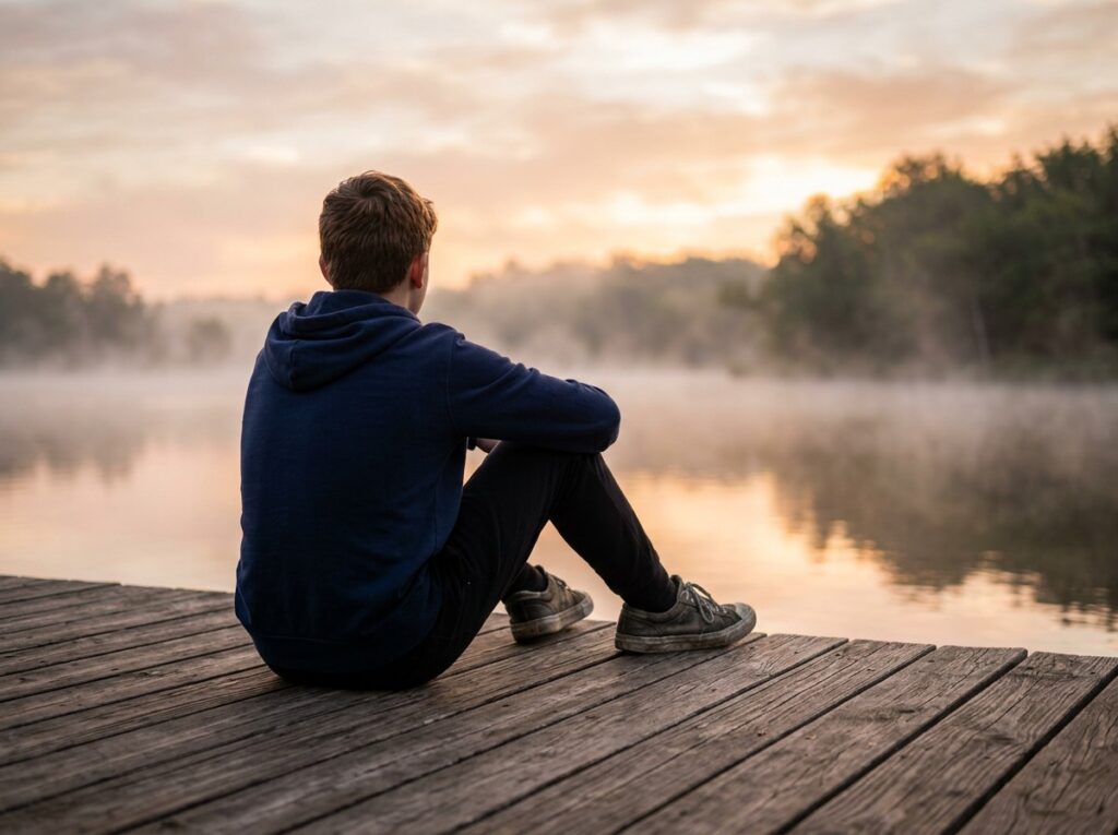 Teen boy sitting quietly on a dock over a misty pond at dawn, reflecting during residential treatment