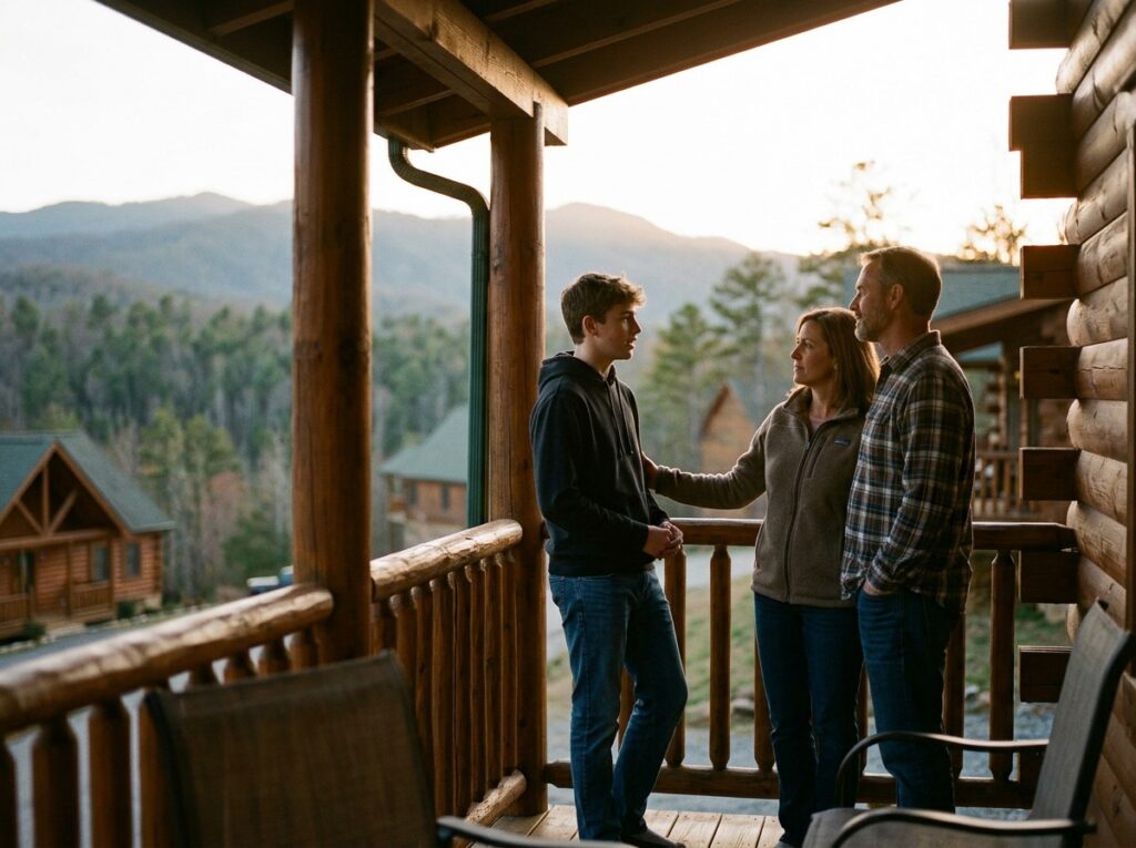 Teen boy talking with his parents on a mountain lodge porch at sunset, rebuilding family relationships