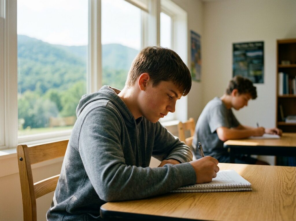 Teen boy focused on writing in a notebook in a bright classroom with mountain views at BlueRock on-campus school