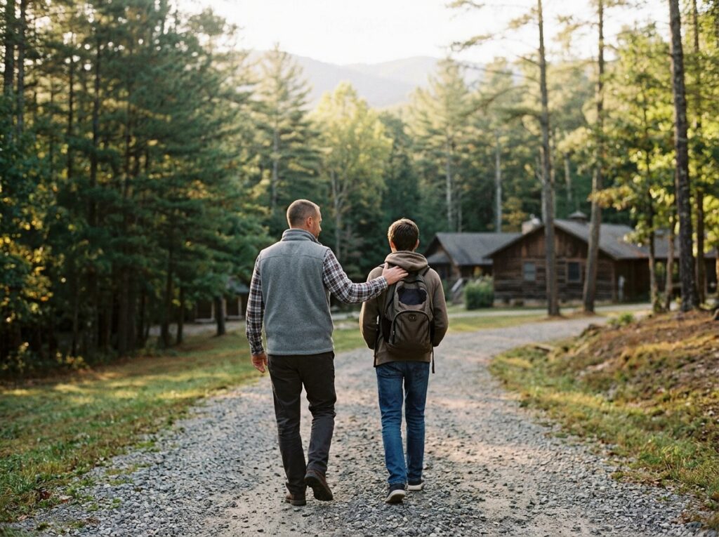 BlueRock staff member walking beside a teen boy on a wooded cabin campus path, offering supportive guidance